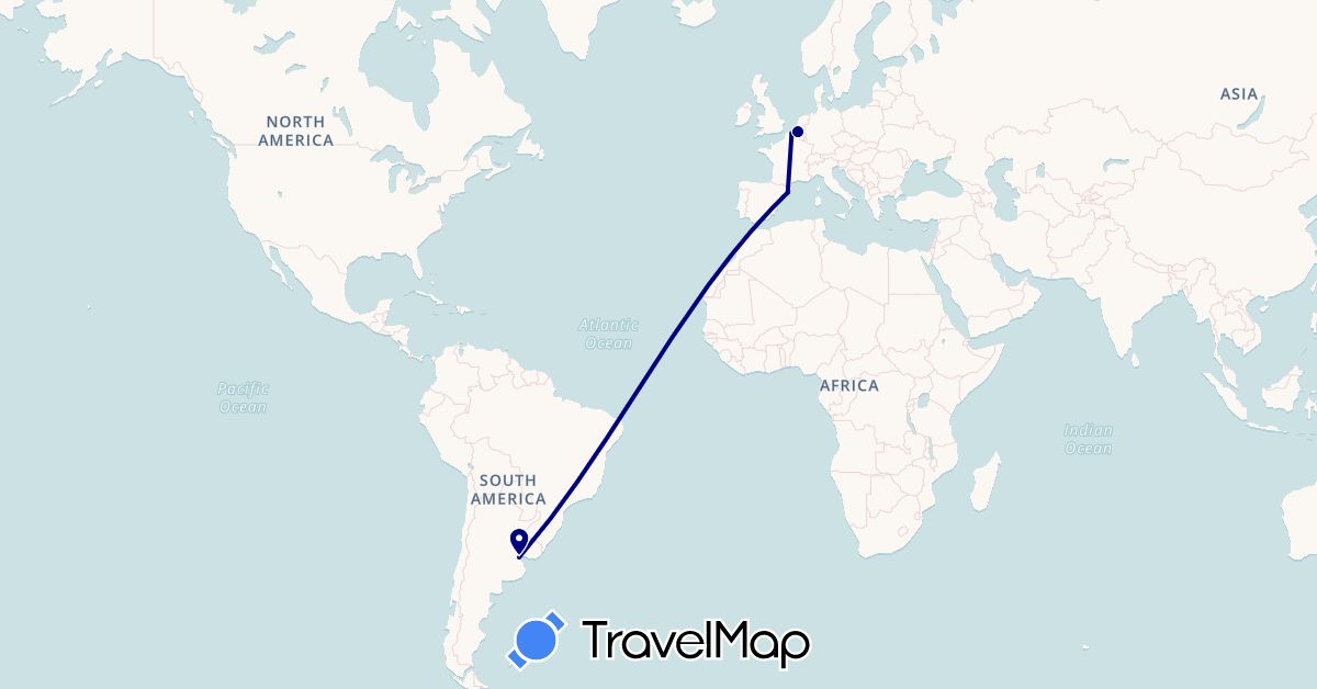 TravelMap itinerary: driving in Argentina, Belgium, Spain, France (Europe, South America)